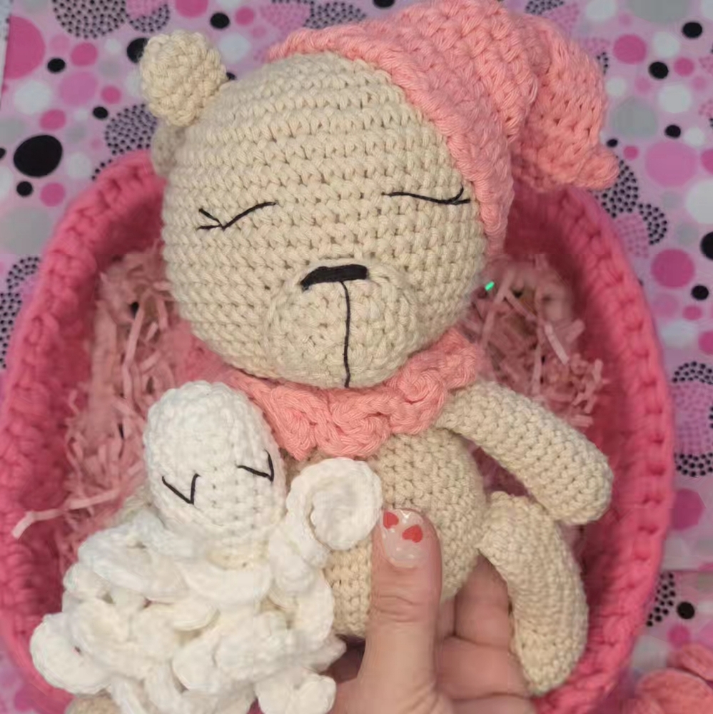 Handmade Crochet Bear Set in Pink and Cream
